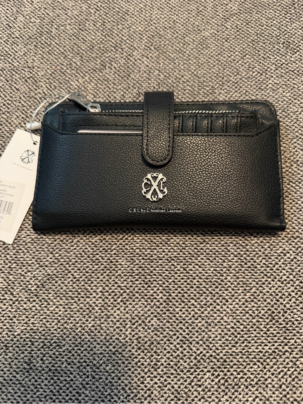 NWT CXL by Christian Lacroix Black Bryce Pebble Id Fold Zipper Wallet